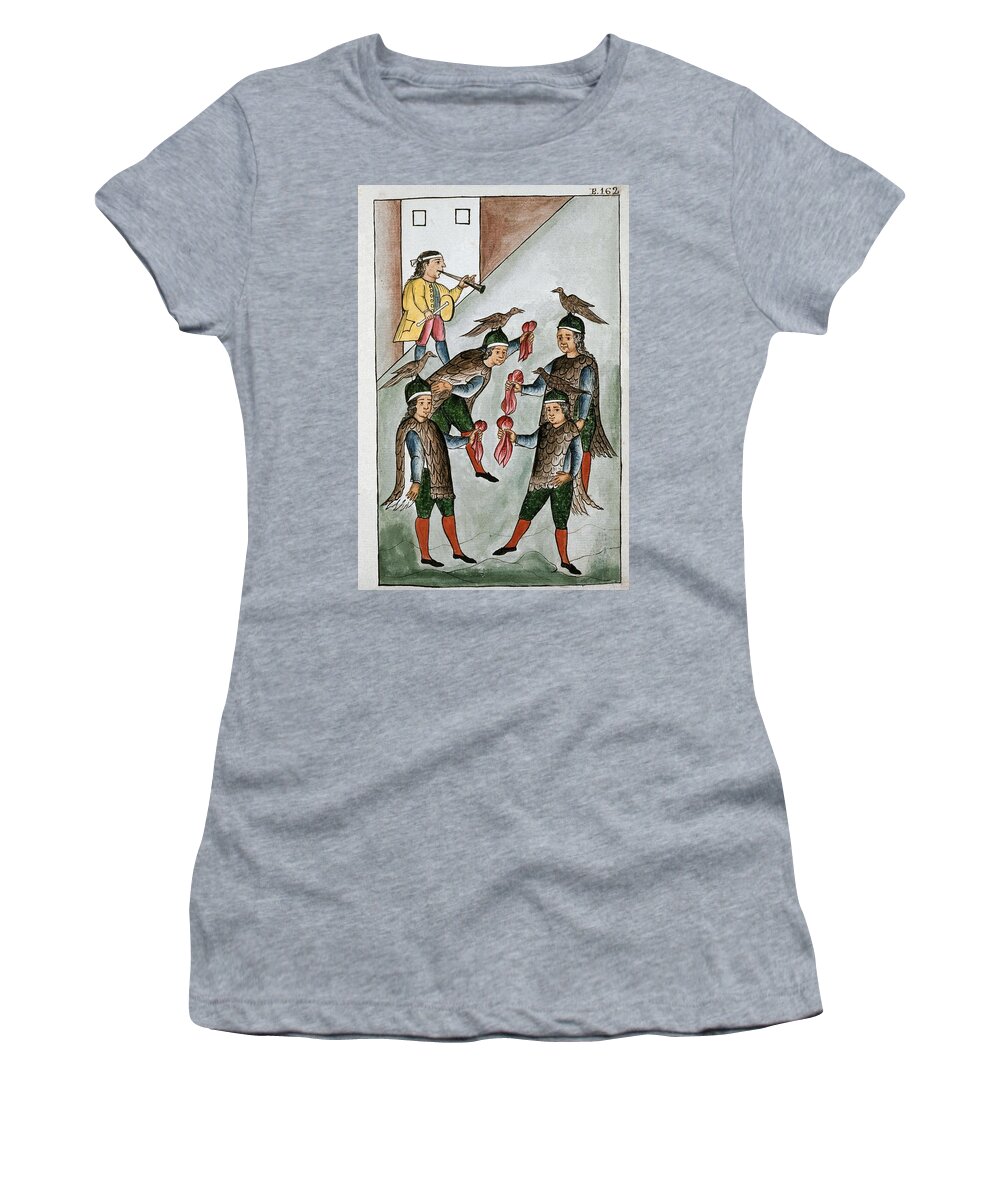 Martinez CompaÑon Baltasar Women's T-Shirt featuring the painting Codex Trujillo Del Peru - Book II E 162 - Dance Of The Birds - Watercolor - 18th Century. by Baltasar Jaime Martinez Companon -1737-1797-
