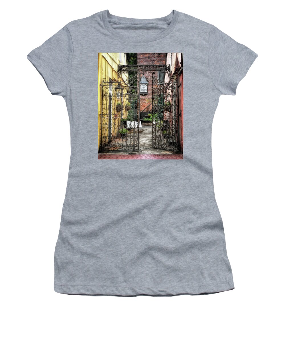Architecture Women's T-Shirt featuring the photograph Court of the Two Sisters Courtyard Gate by Susan Rissi Tregoning