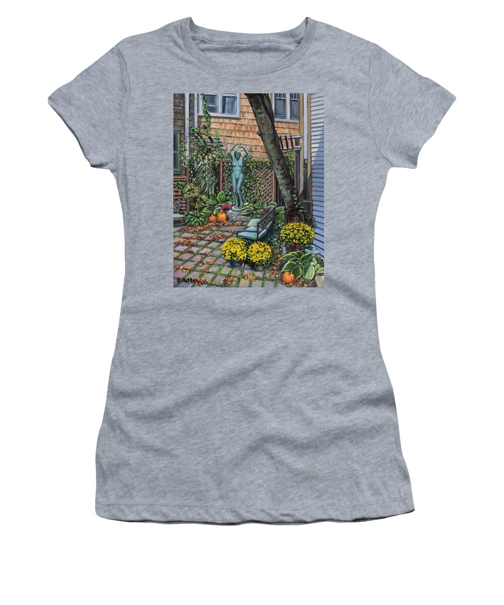 Rockport Art Association Women's T-Shirt featuring the painting Courtyard At The Rockport Art Association by Eileen Patten Oliver