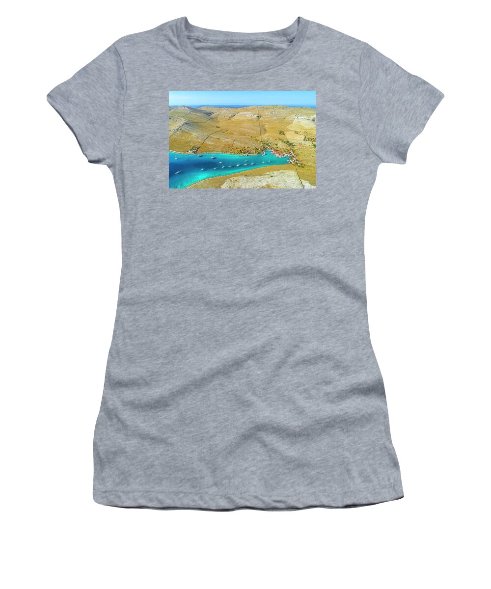 Estock Women's T-Shirt featuring the digital art Croatia, Dalmatia, Kornati Islands, Balkans, Mediterranean Sea, Adriatic Sea, Adriatic Coast, Aerial View Of The Vrulje Bay by Giorgio Filippini