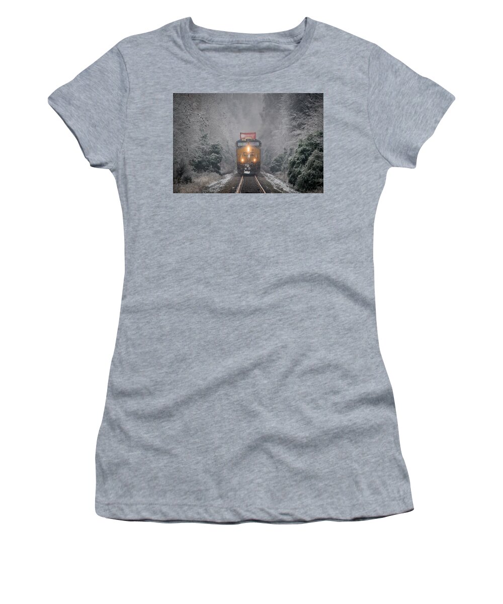 Railroad Women's T-Shirt featuring the photograph CSX intermodal through an Ice Forest at Mortons Gap Ky by Jim Pearson
