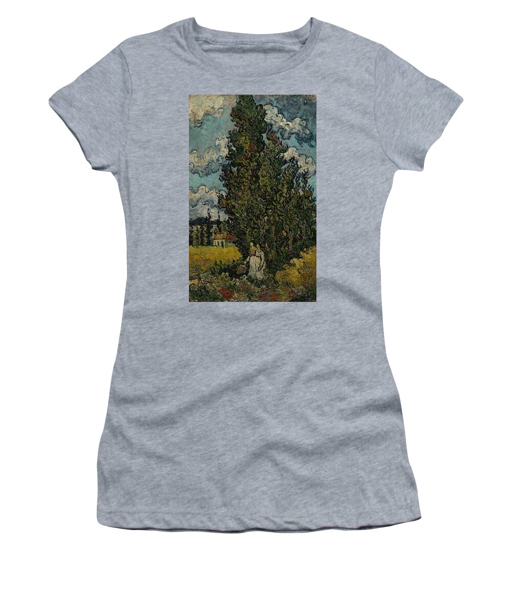 Oil On Canvas Women's T-Shirt featuring the painting Cypresses and Two Women. by Vincent van Gogh -1853-1890-
