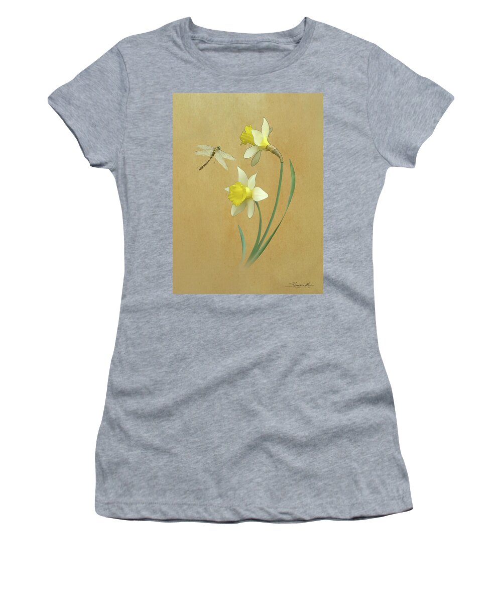 Flowers Women's T-Shirt featuring the digital art Daffodils and Dragonfly by M Spadecaller