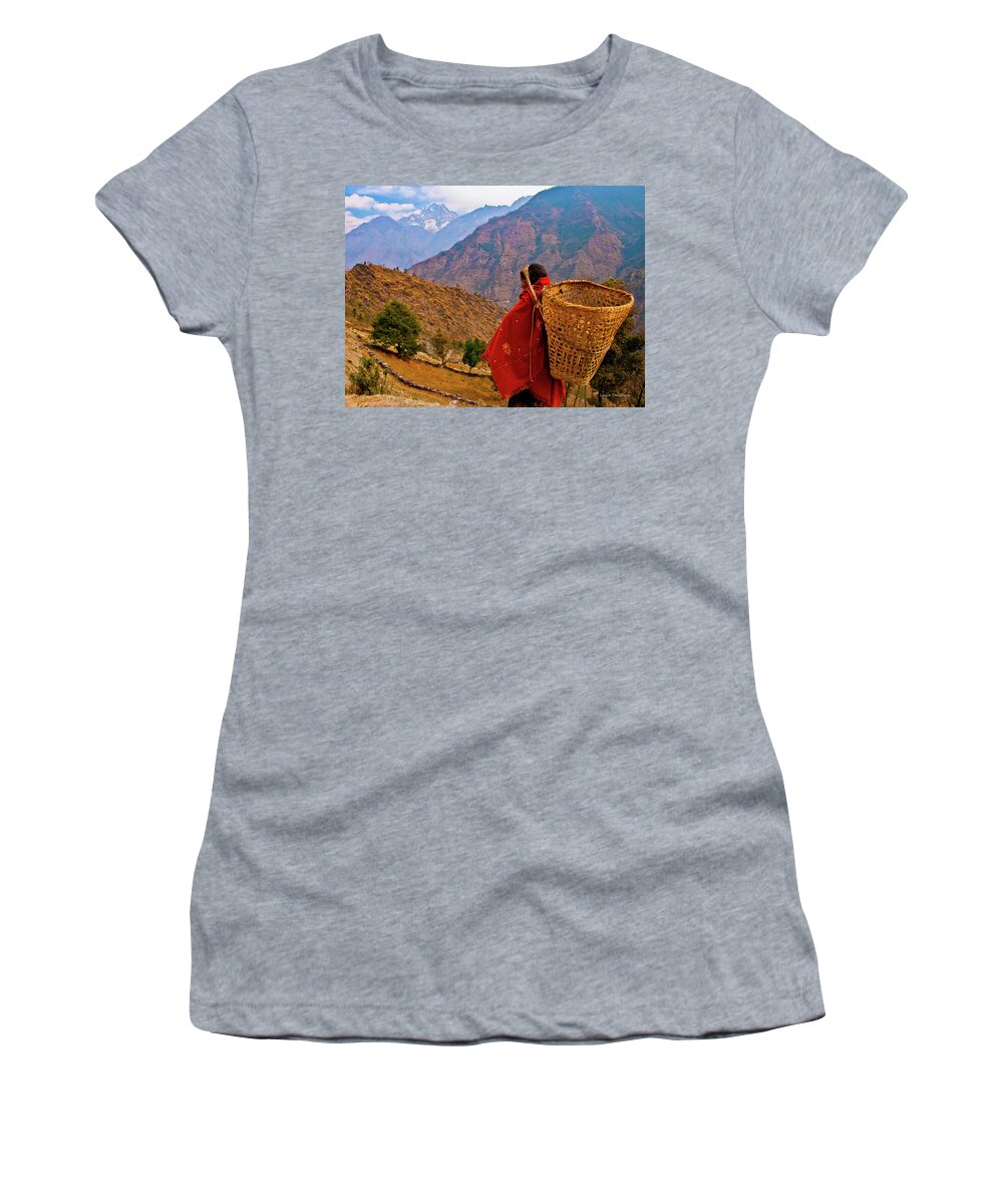 Trek Women's T-Shirt featuring the photograph Daily life for a working woman in the Himalayas of Nepal by Leslie Struxness
