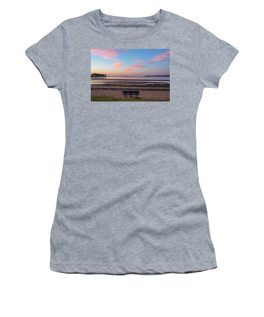 Beverly Women's T-Shirt featuring the photograph Dane Street Beach in Beverly MA Morning Light Red Clouds Bench by Toby McGuire