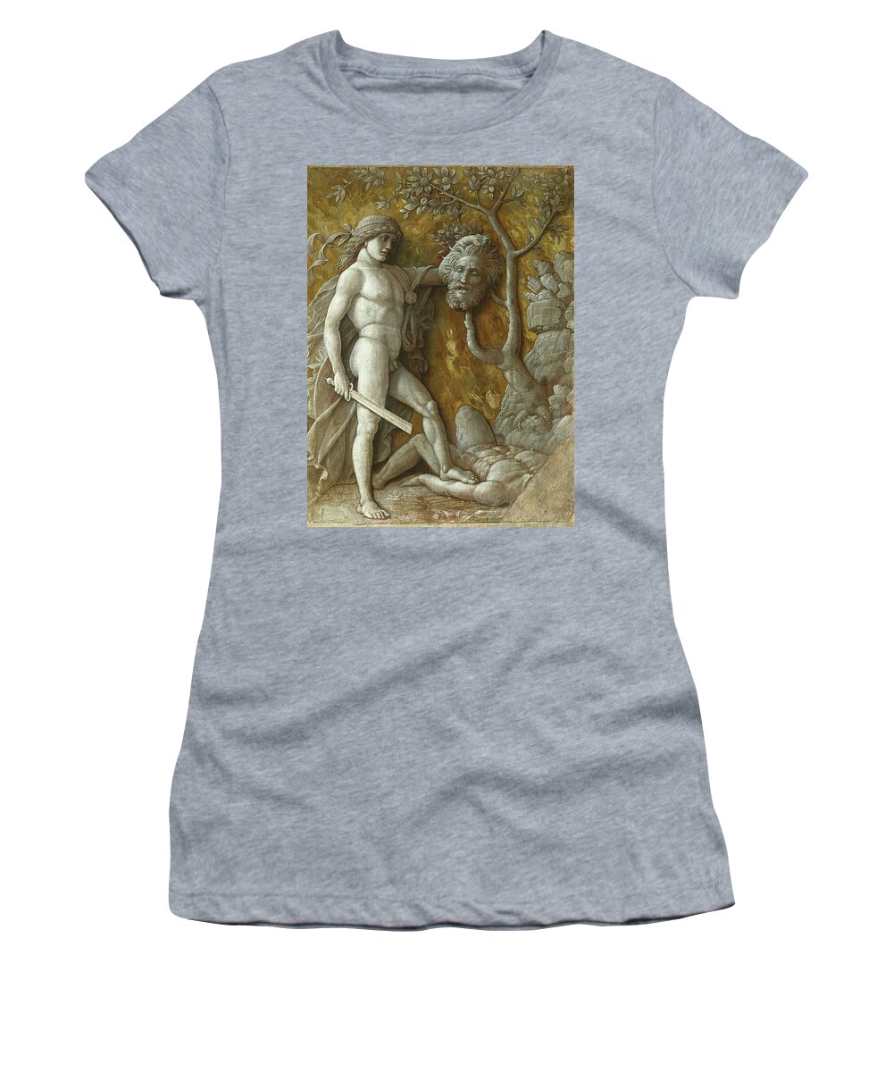 Andrea Mantegna Women's T-Shirt featuring the painting David and Goliath. Monochrome workshop painting Imitation of a relief -around 1490- 8.5 x 36 cm. by Andrea Mantegna -1431-1506-
