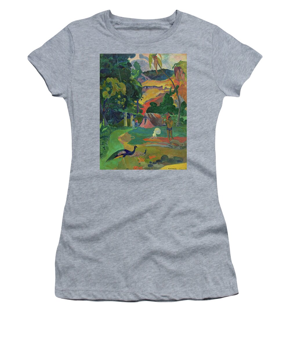 Paul Gauguin Women's T-Shirt featuring the painting Death, Landscape with Peacocks, 1892 by Paul Gauguin