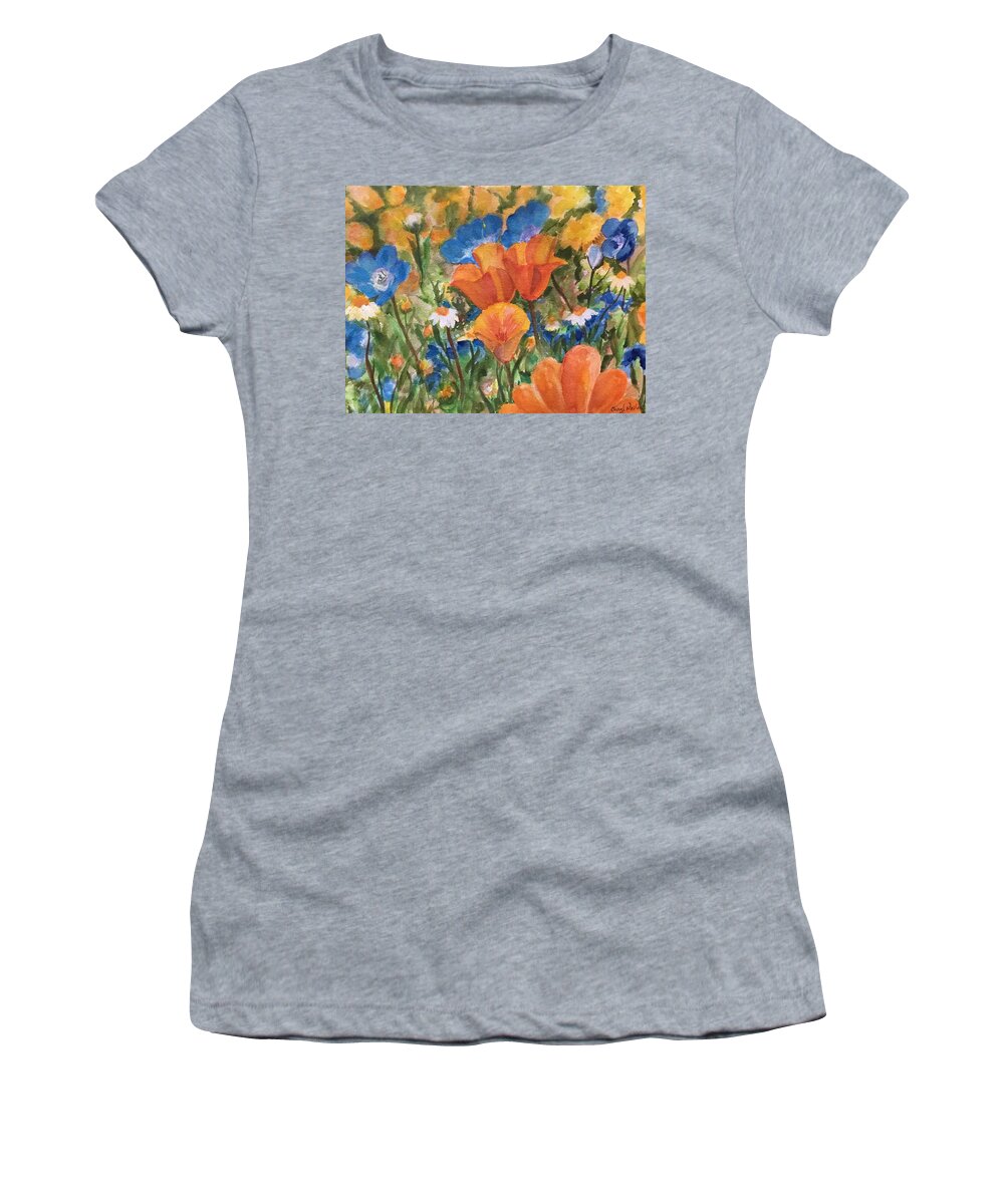 Baby Blue Eyes Women's T-Shirt featuring the painting Desert Spring Flowers by Cheryl Wallace
