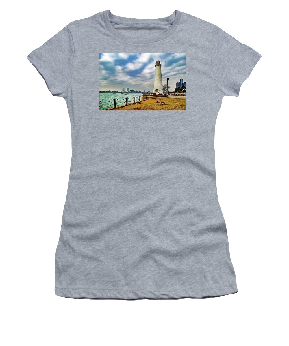 Detroit Women's T-Shirt featuring the photograph Detroit river Light House and Geese DSC_0096 by Michael Thomas