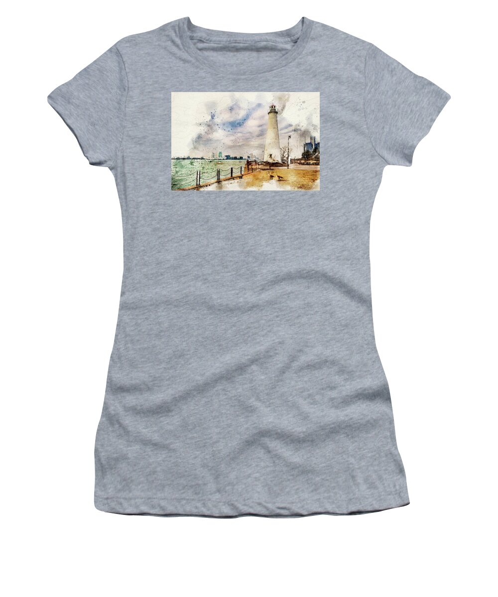 Detroit Women's T-Shirt featuring the photograph Detroit river Light House and Geese DSC_0096 Watercolored by Michael Thomas