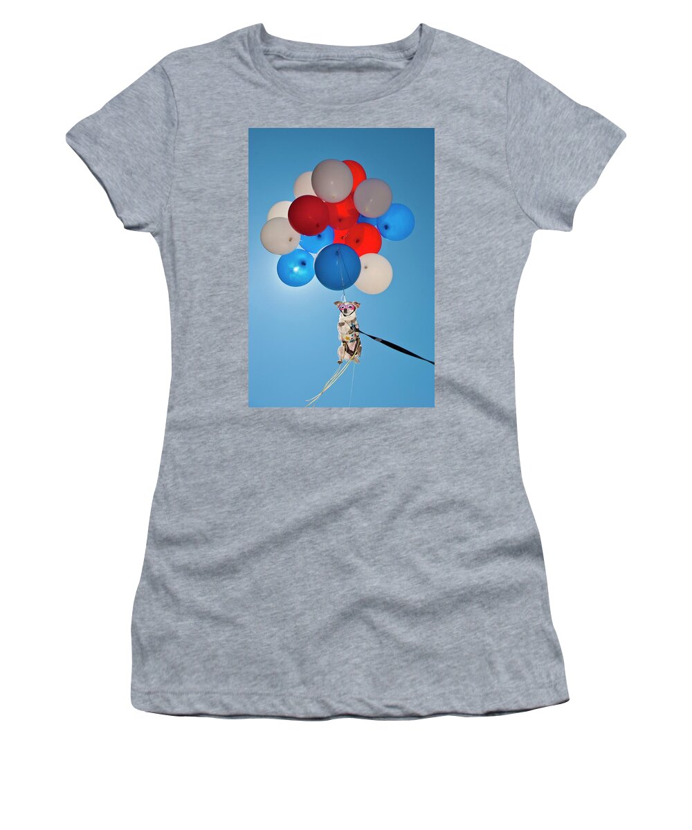 Estock Women's T-Shirt featuring the digital art Dog Floating With Balloons by Heeb Photos