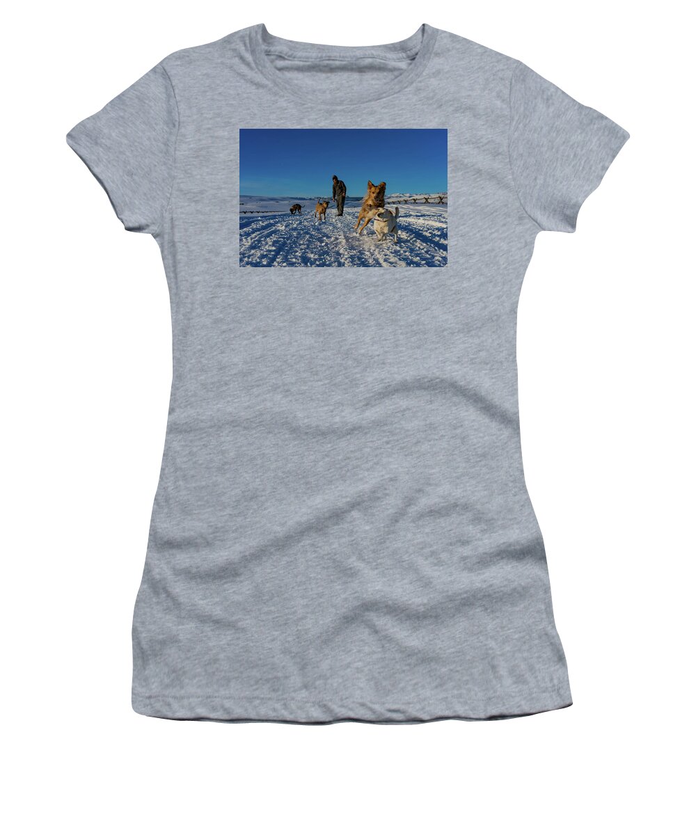 Dog Women's T-Shirt featuring the photograph Dogs at play by Julieta Belmont