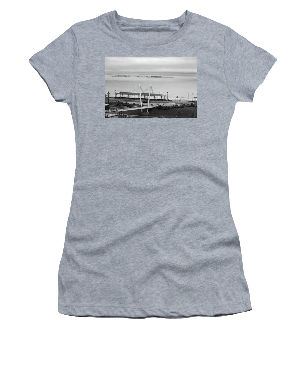 Revere Women's T-Shirt featuring the photograph Dramatic Fog Over Nahant From Revere Beach Revere MA by Toby McGuire