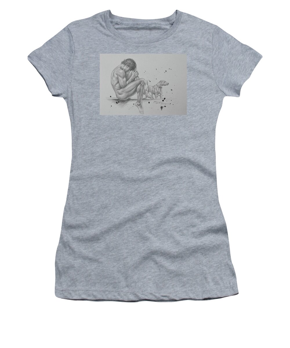 Male Nude Women's T-Shirt featuring the drawing Drawing male nude and dog#18124 by Hongtao Huang