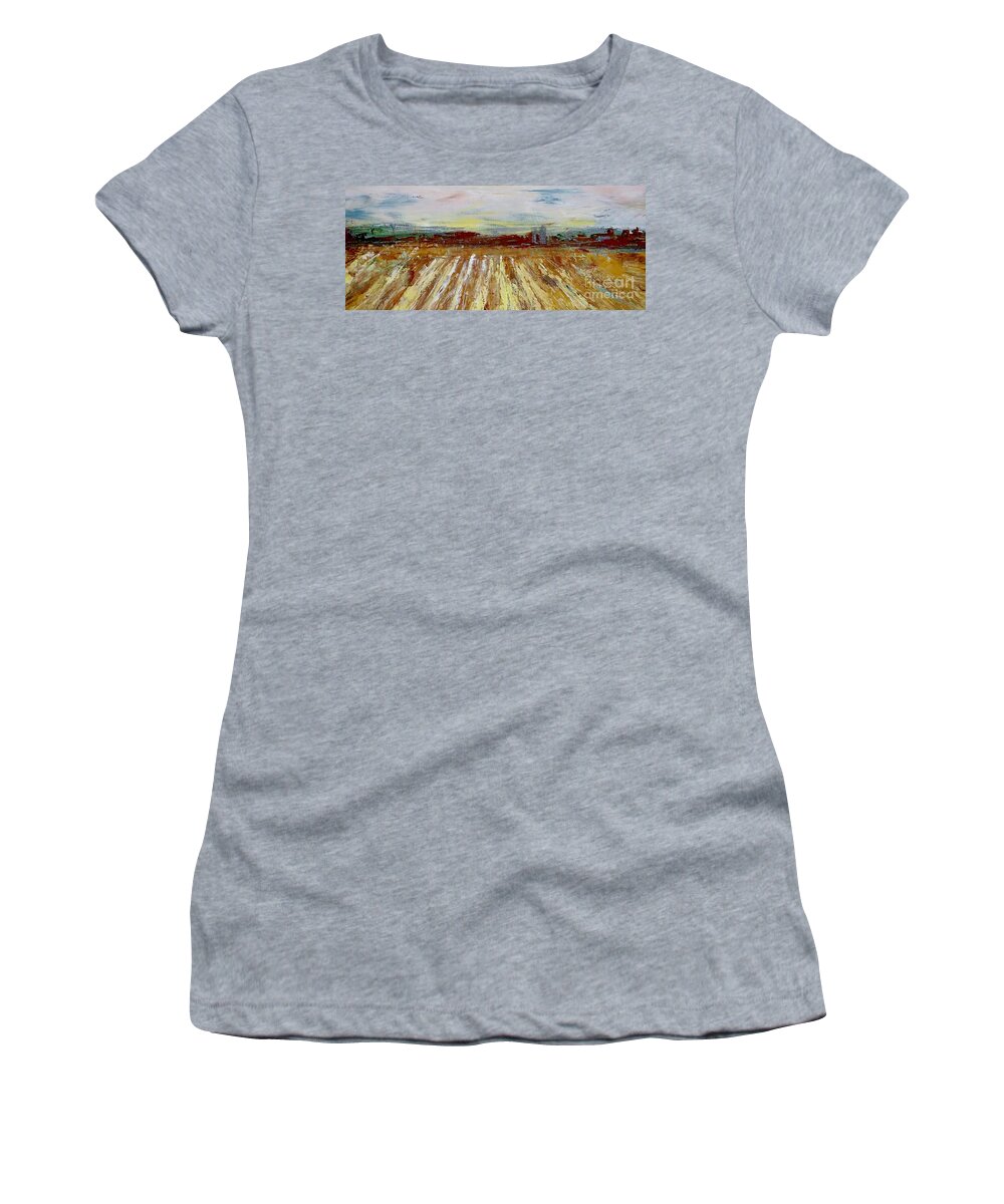 Wide Women's T-Shirt featuring the painting Dream Fields Midwest Farm in billboard wide format by Patty Donoghue