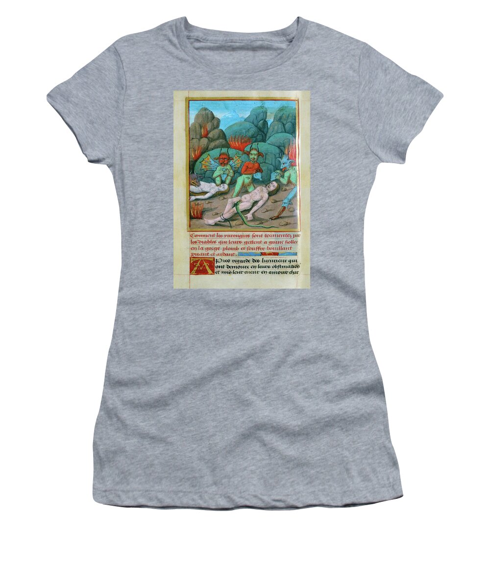 Gerson Women's T-Shirt featuring the drawing Drunkards in hell, tortured by devils who pour boiling lead and sulphur down their throats. by Gerson Jean Ms