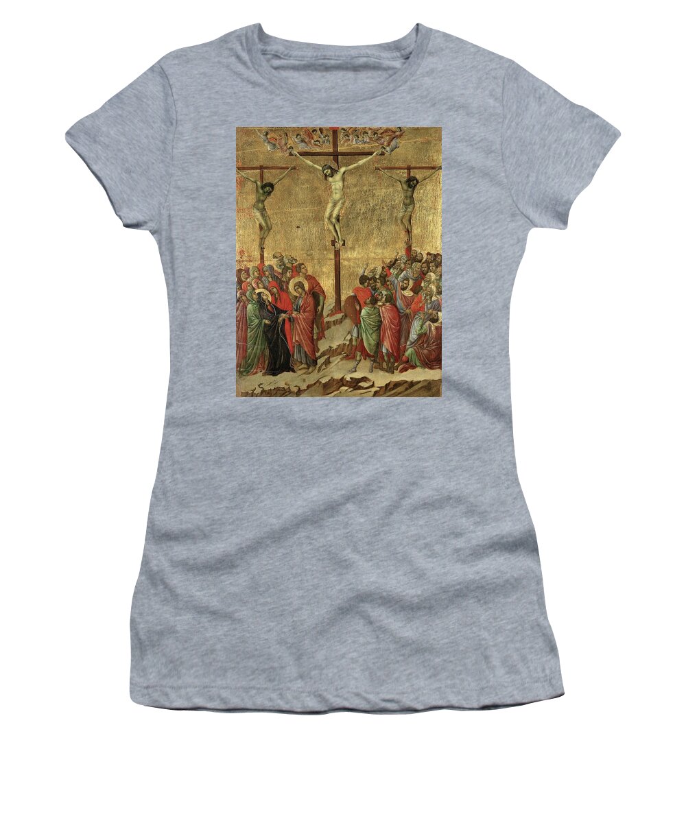 Duccio Di Buoninsegna Women's T-Shirt featuring the painting Duccio di Buoninsegna / 'Maesta - Passion Crucifixion', 1308-1311. JESUS. MARY MAGDALENE. by Duccio di Buoninsegna -c 1260-c 1318-