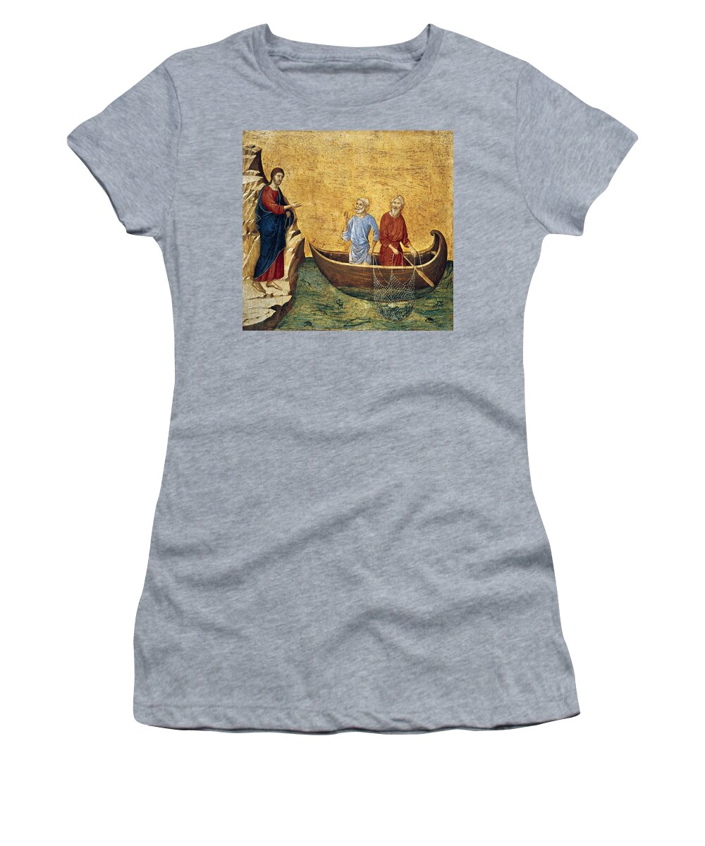 Duccio Di Buoninsegna Women's T-Shirt featuring the painting DUCCIO DI BUONINSEGNA The Calling of the Apostles Peter and Andrew, 1308-1311. JESUS. Saint Andrew. by Duccio Di Buoninsegna