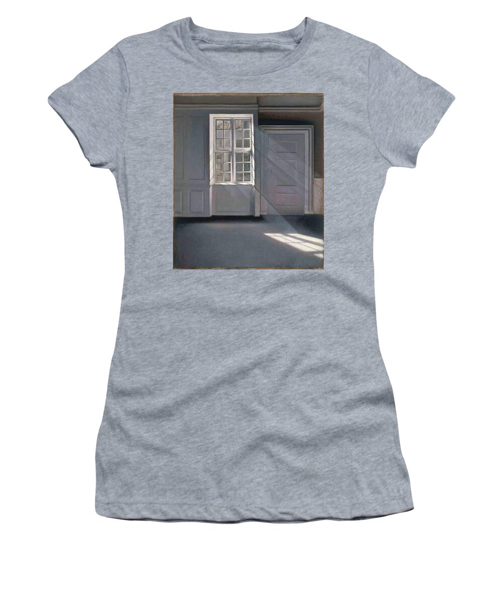 Vilhelm Hammershoi Women's T-Shirt featuring the painting Dust Motes Dancing in the Sunbeams, 1900. Oil on canvas 70 x 59 cm -27.56 x 23.23 in-. by Vilhelm Hammershoi
