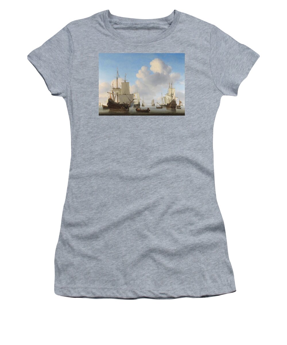 Canvas Women's T-Shirt featuring the painting Dutch Ships in a Calm. Dutch Ships in a Calm Sea. by Willem van de Velde -II-