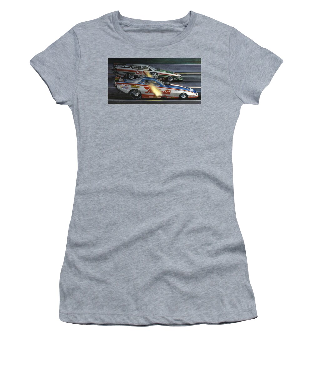 Nhra Drag Racing Funny Cars Nitro Women's T-Shirt featuring the painting East vs West by Kenny Youngblood
