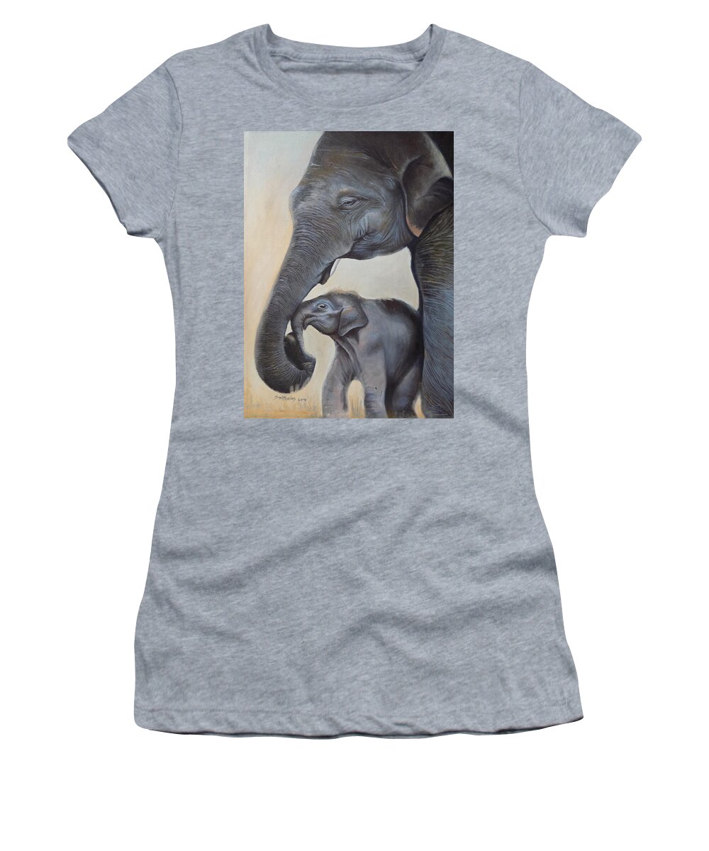 Living Room Women's T-Shirt featuring the painting Elephant and Calf by Olaoluwa Smith