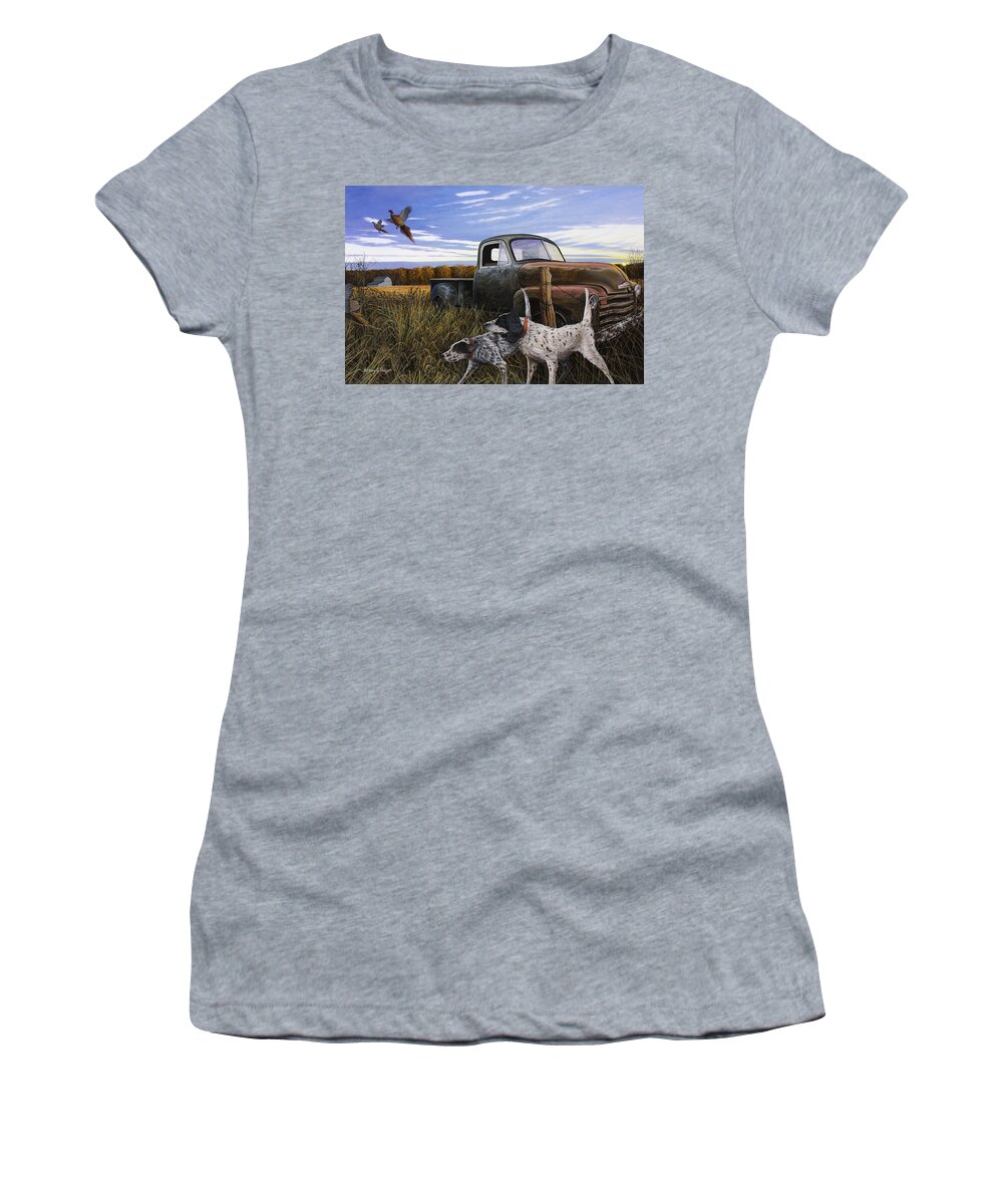 Pheasant Women's T-Shirt featuring the painting English Setters with Old Truck by Anthony J Padgett
