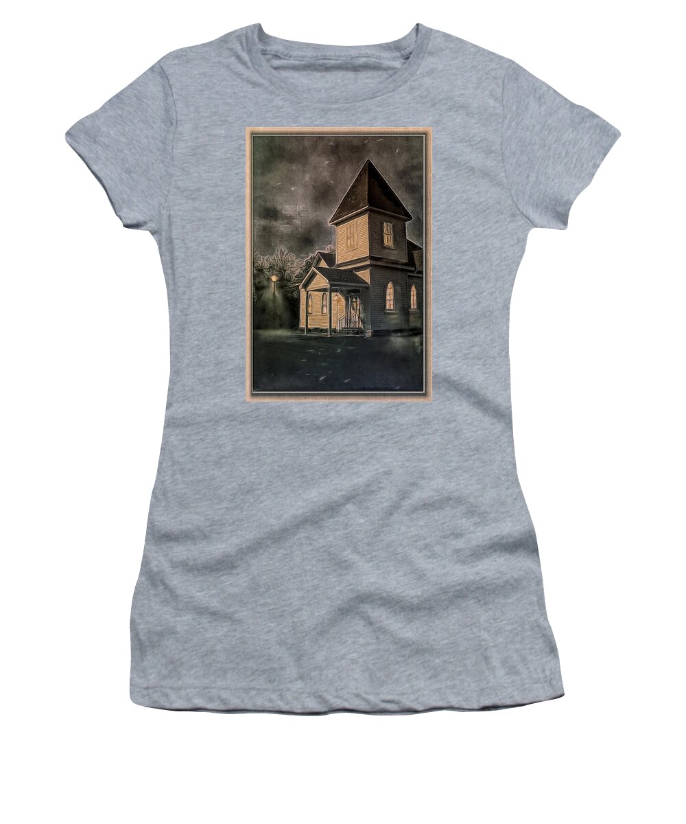 Church Women's T-Shirt featuring the digital art Evening Services by Bonnie Willis