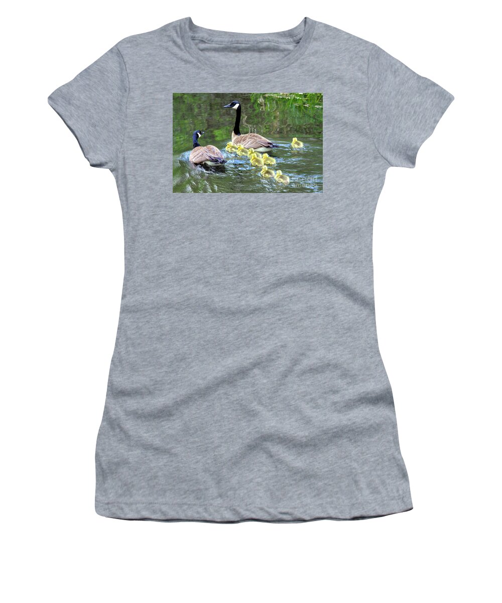 Branta Canadensis Women's T-Shirt featuring the photograph family of Canada geese in water swimming with eight goslings by Robert C Paulson Jr