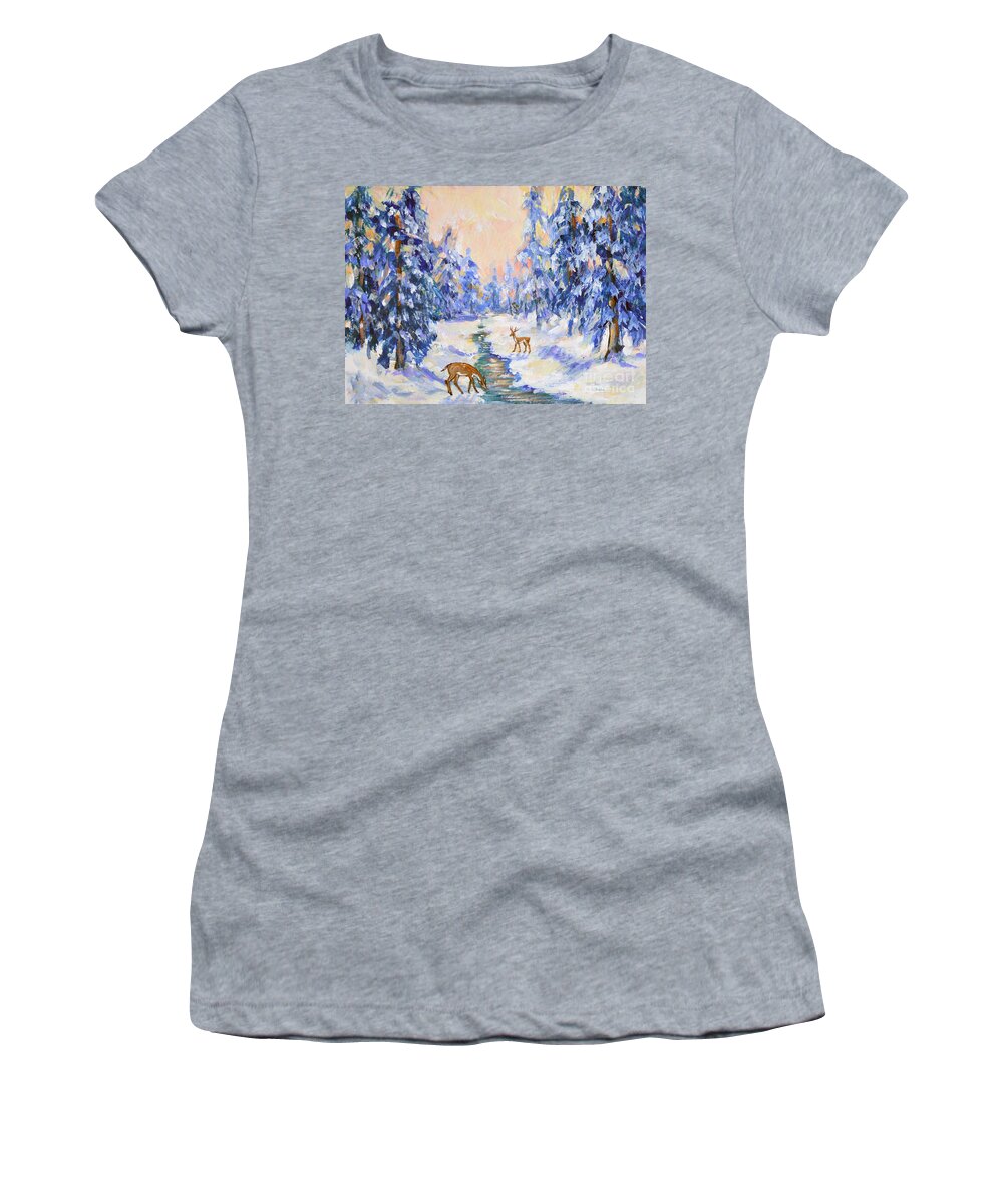 Acrylic Acrylics Winter Snow Snowy Landscape Deer Fawn Fawns Pines Pine Tree Trees Women's T-Shirt featuring the painting Fawns in Winter by Li Newton