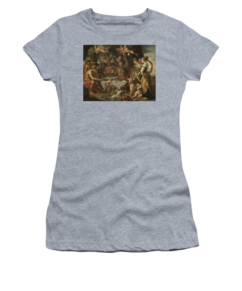 17th Century Art Women's T-Shirt featuring the painting Feast of the Gods in a Cave near the Sea Shore by Gerard Seghers