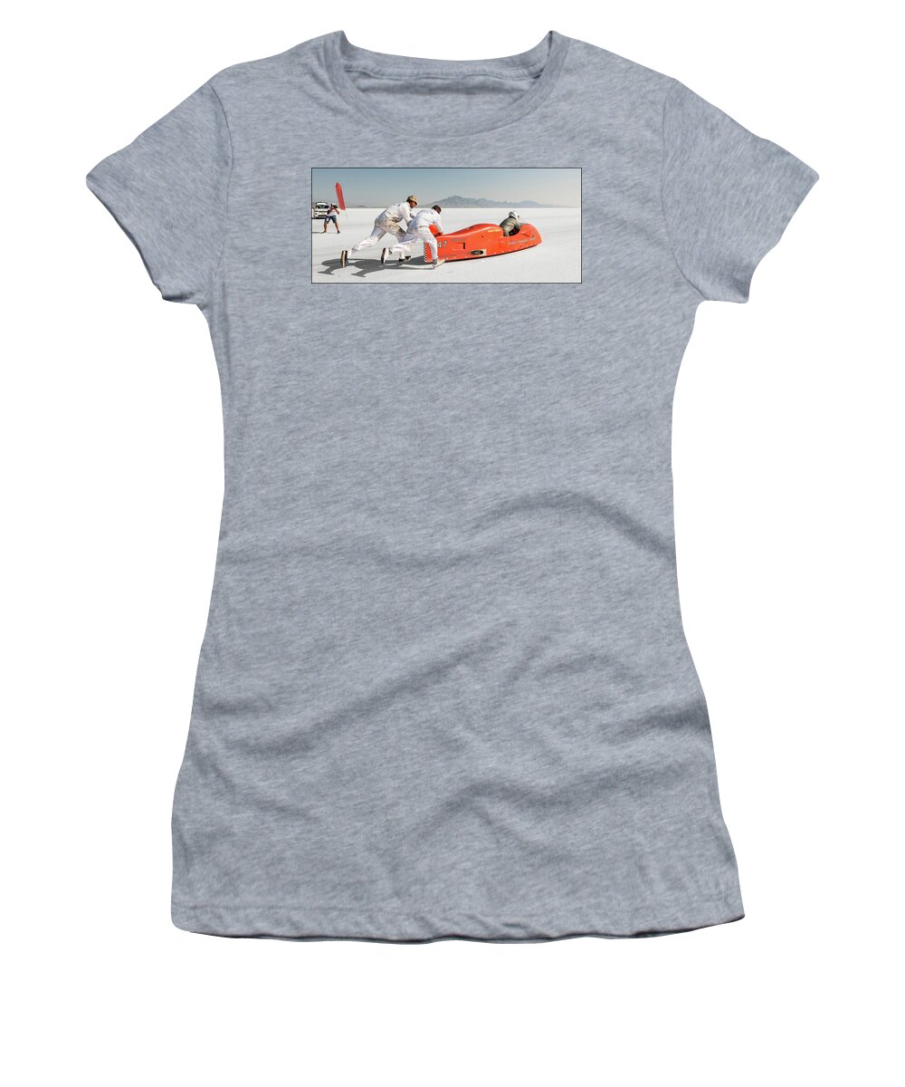 Bonneville Women's T-Shirt featuring the photograph Feet Are Flying by Andy Romanoff
