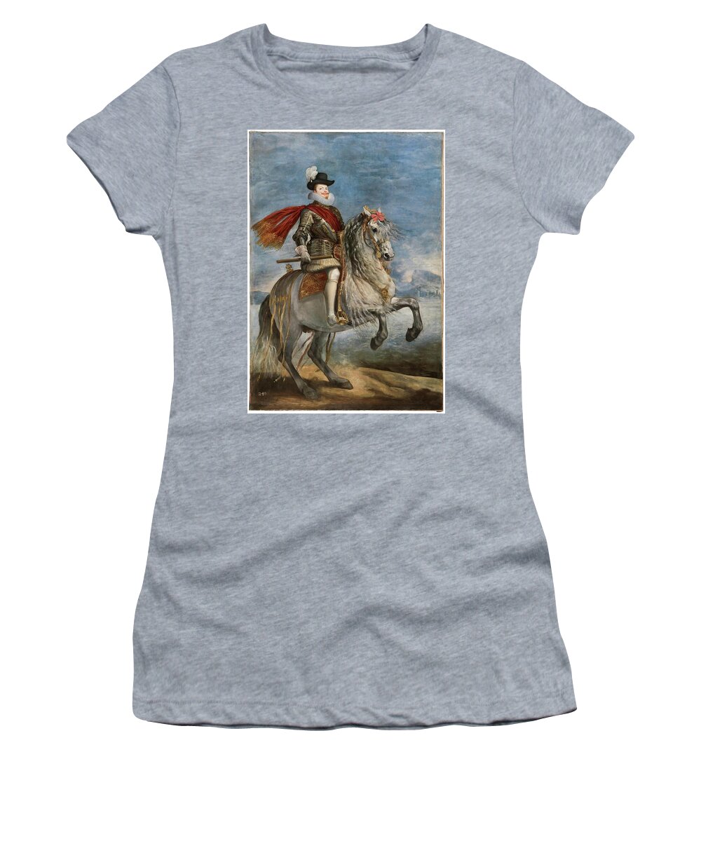 Velazquez Diego Rodriguez De Silva Y Women's T-Shirt featuring the painting 'Felipe III on Horseback'. Ca. 1635. Oil on canvas. by Velazquez Diego Rodriguez de Silva y