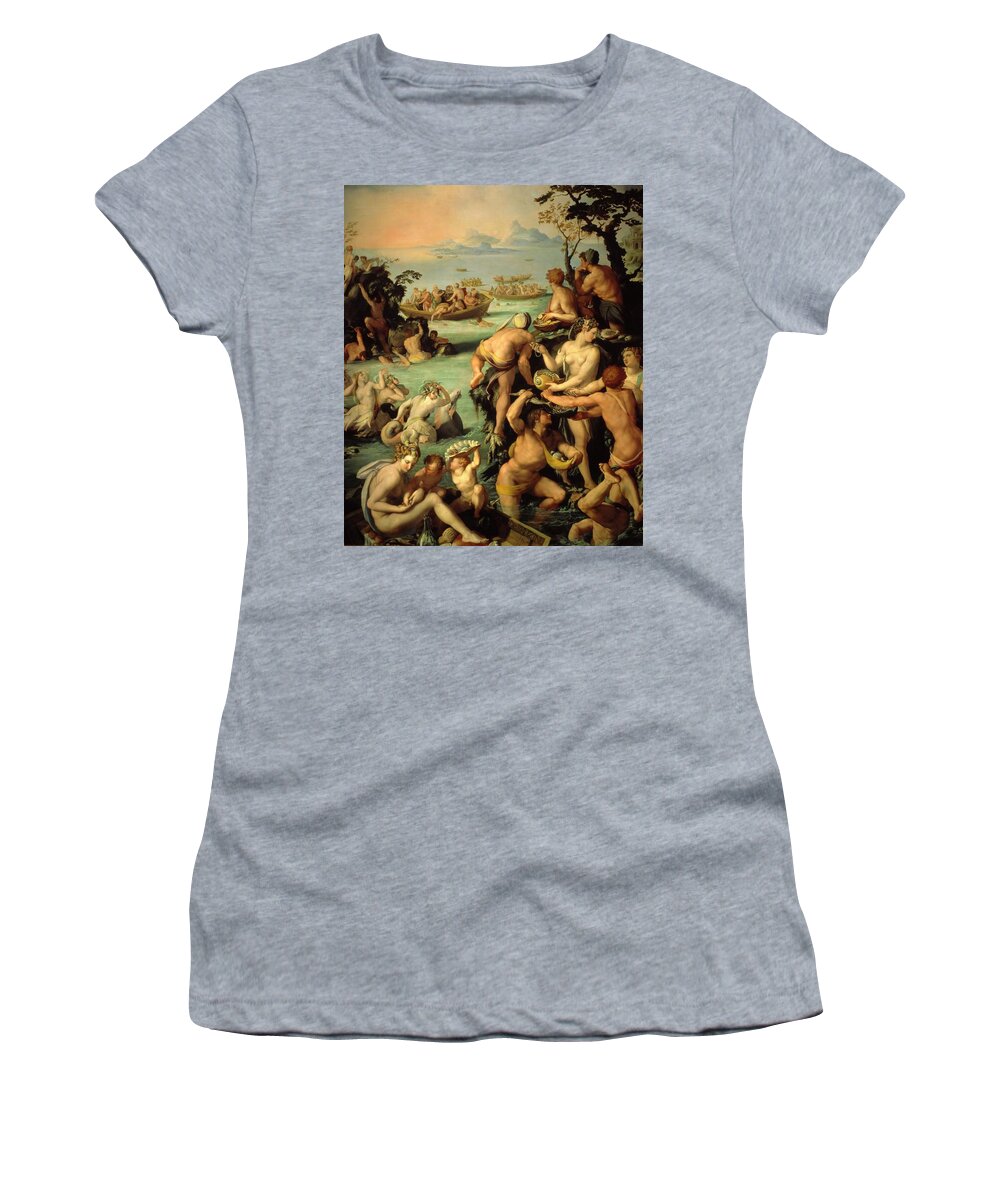 Bronzino Women's T-Shirt featuring the painting Fishing for pearls, 1570, Oil on slate, 116 cm x 86 cm. by Il Bronzino -1503-1572-