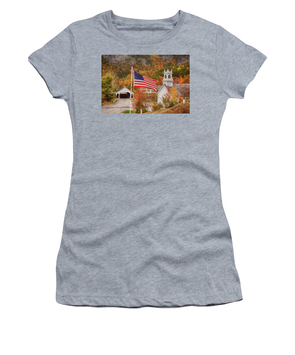 Autumn Women's T-Shirt featuring the photograph Flag flying over the Stark covered Bridge by Jeff Folger