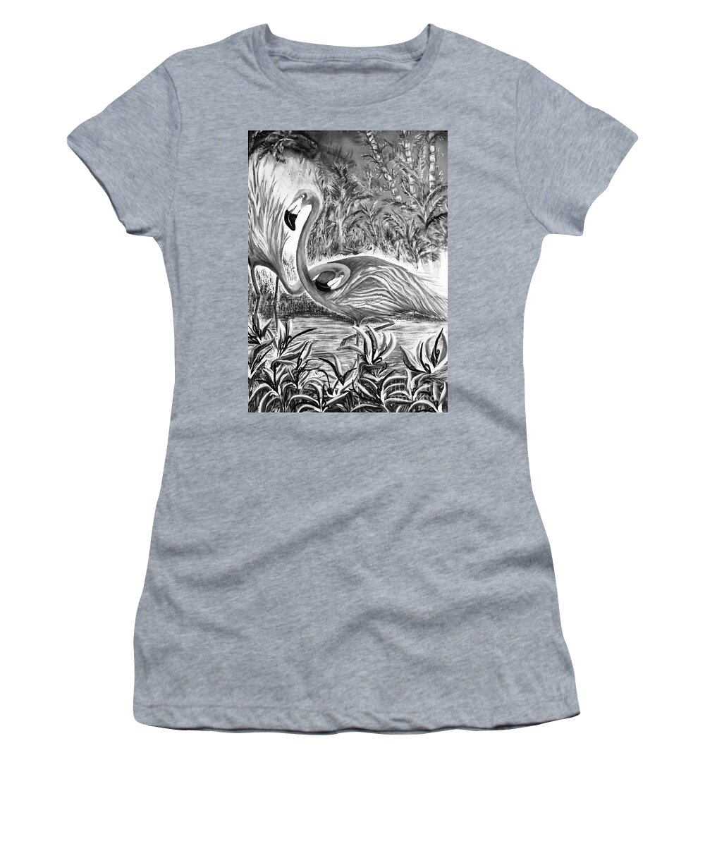 Nesting Flamingo Women's T-Shirt featuring the painting Flamingos Noir by Michael Silbaugh