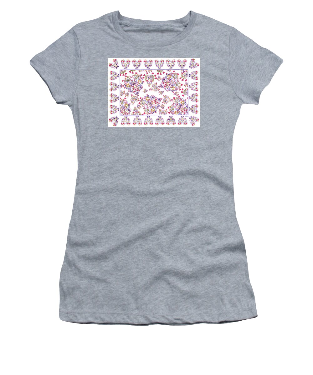 Lise Winne Women's T-Shirt featuring the drawing Floating Hearts with Border by Lise Winne