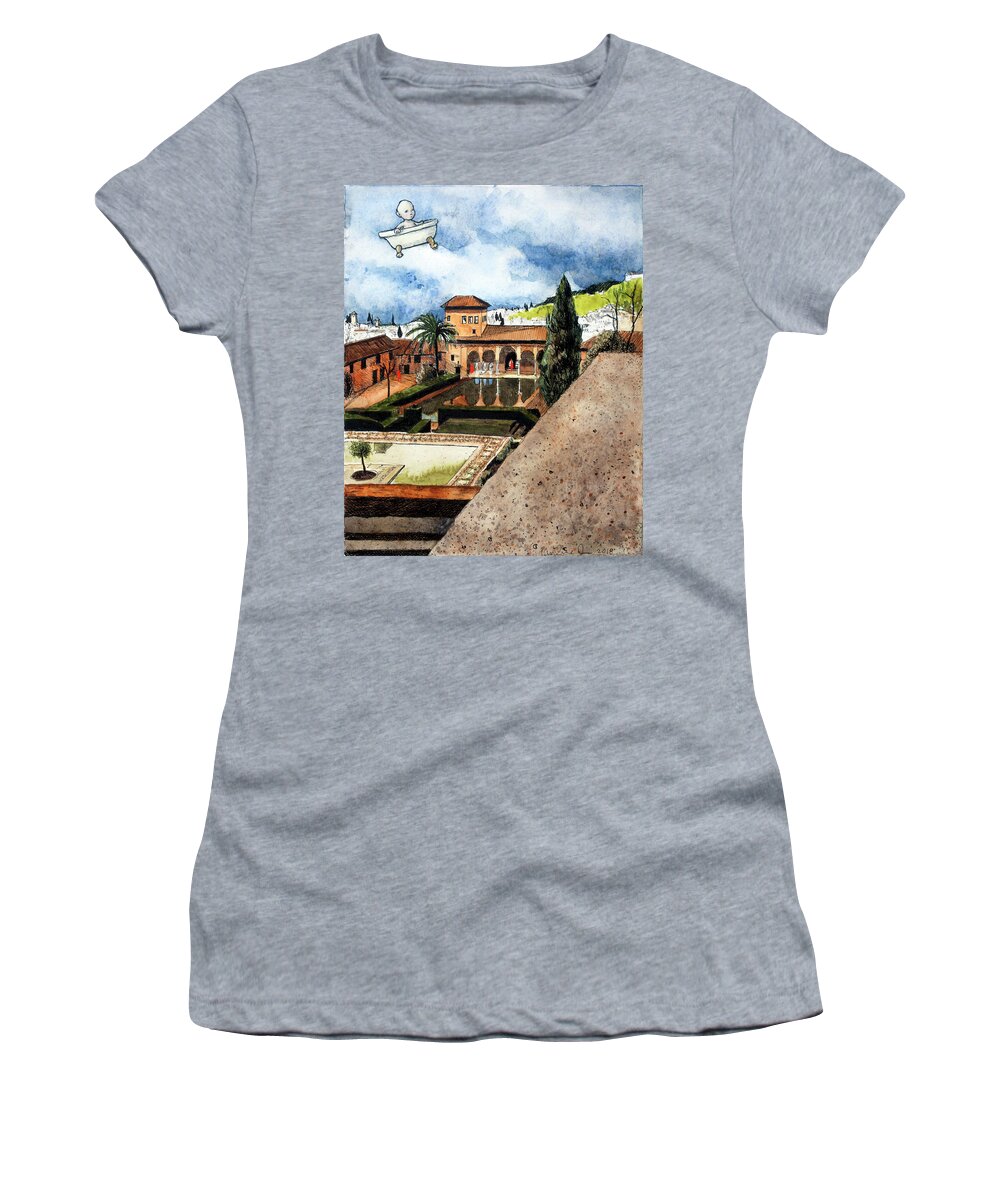 Baby Women's T-Shirt featuring the painting Flying My Bathtub Over the Alhambra by Pauline Lim