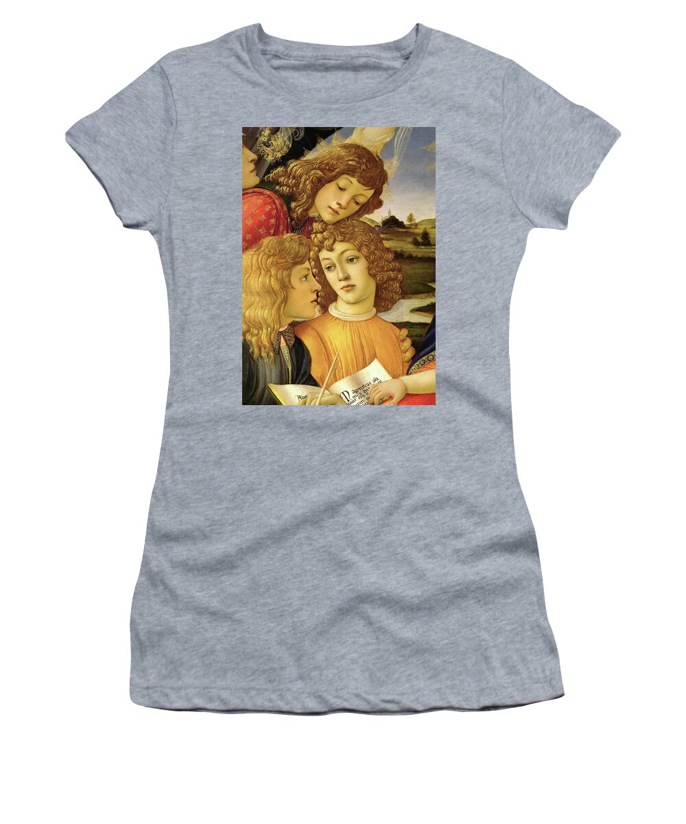Florentine Women's T-Shirt featuring the painting Four angels. Detail from the Coronation of the Madonna and Child -Madonna of the Magnificat-. by Sandro Botticelli -1445-1510-