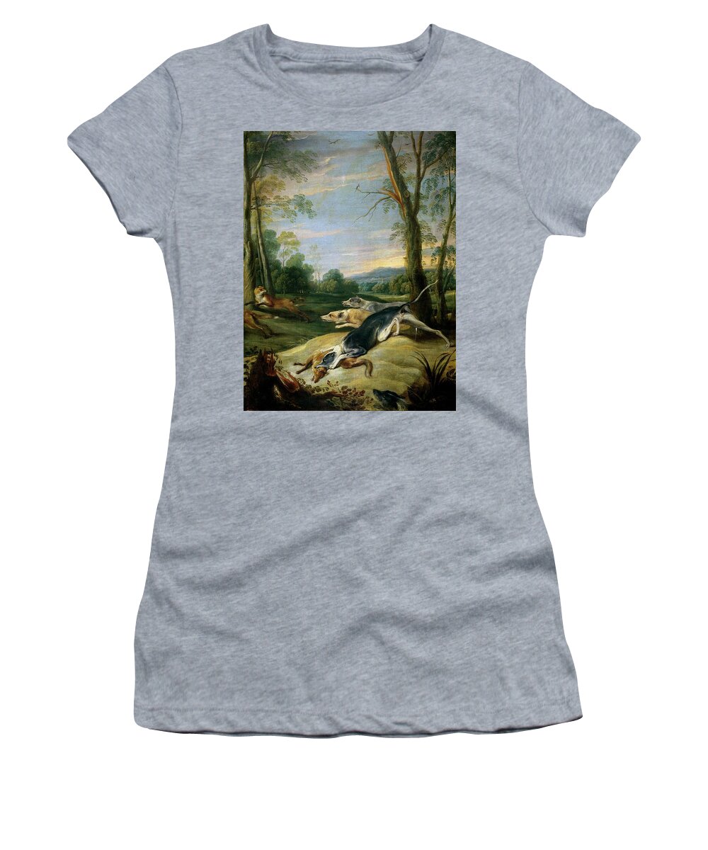 Foxes Persecuted By Dogs Women's T-Shirt featuring the painting 'Foxes Persecuted by Dogs', 17th century, Flemish School, Oil on canvas, 111 cm x... by Frans Snyders -1579-1657-