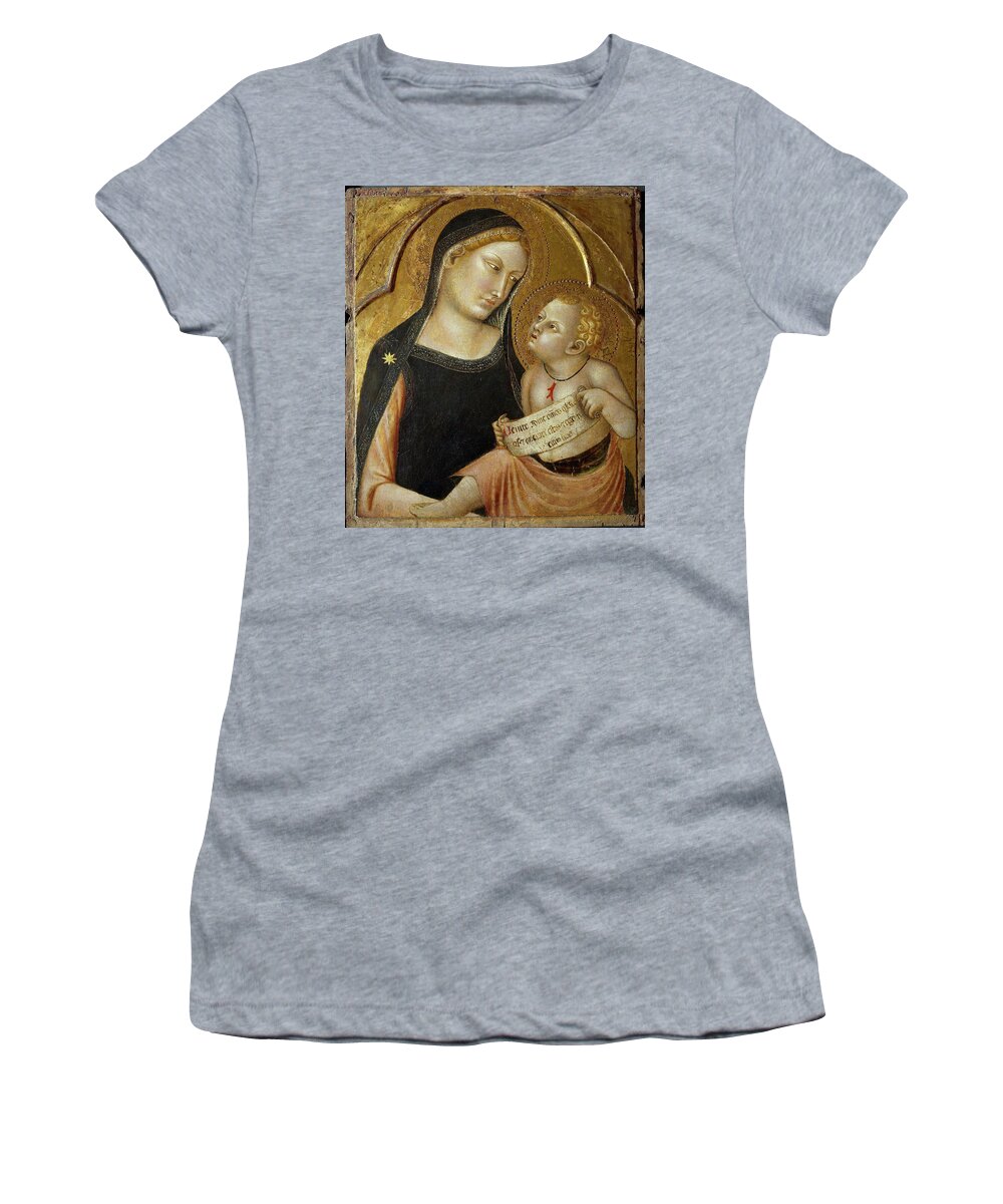 Francesco Traini Women's T-Shirt featuring the painting Francesco Traini / 'The Virgin and Child', ca. 1345, Italian School, Gilding, Tempera on panel. by Francesco Traini -fl 1321-c 1365-