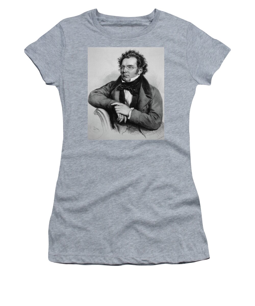 Franz Schubert Women's T-Shirt featuring the painting Franz Peter Schubert -1797-1828- engraving XIXth century. Josef Kriehuber. by Album