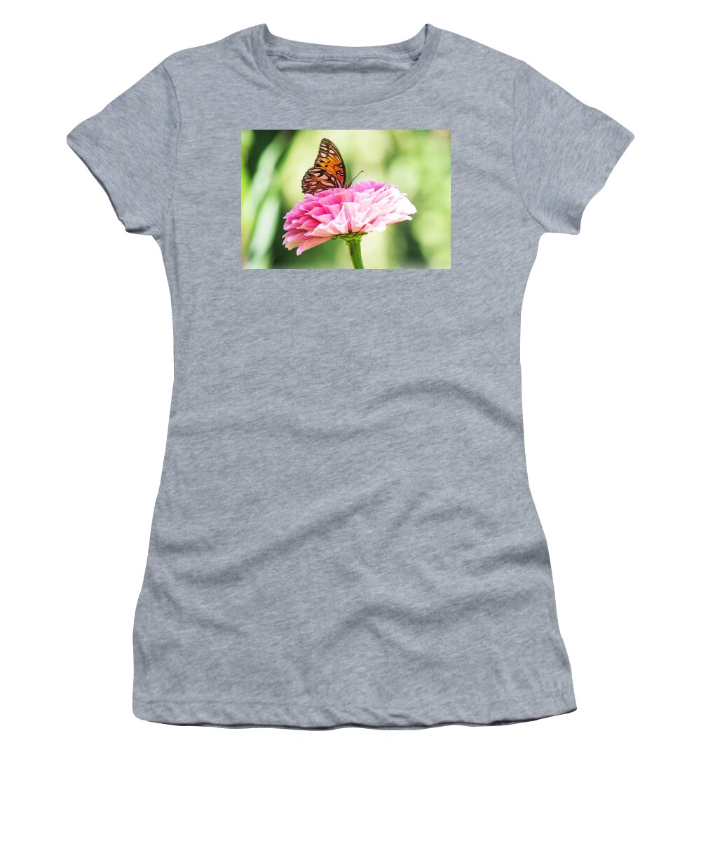 Gulf Fritillary Butterfly Women's T-Shirt featuring the photograph Fritillary on Zinnia by Mary Ann Artz