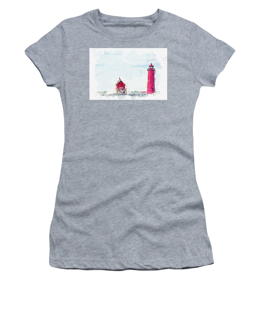 Frozen Women's T-Shirt featuring the painting Frozen Red Lighthouse - watercolor by Adam Asar by Celestial Images