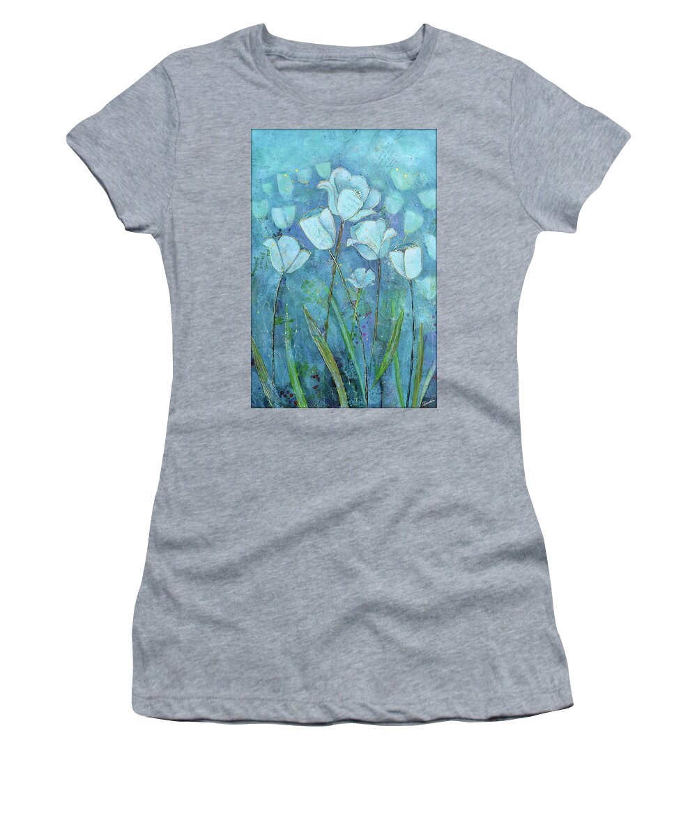 Cervical Cancer Women's T-Shirt featuring the painting Garden of Healing by Shadia Derbyshire