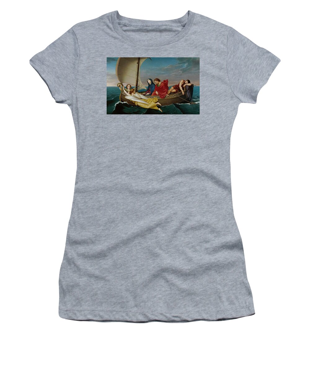 German Hernandez Amores Women's T-Shirt featuring the painting German Hernandez Amores / 'The Virgin and Saint John travel to Ephesis', 1862. VIRGIN MARY. by German Hernandez Amores -1823-1894-