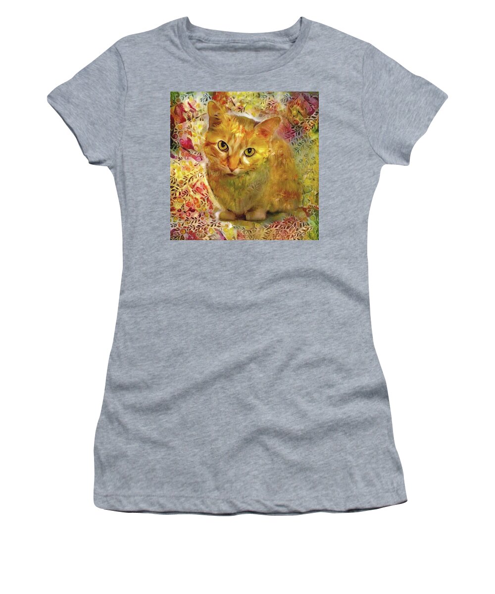 Ginger Cat Women's T-Shirt featuring the digital art Ginger Cat - Gold Floral by Peggy Collins