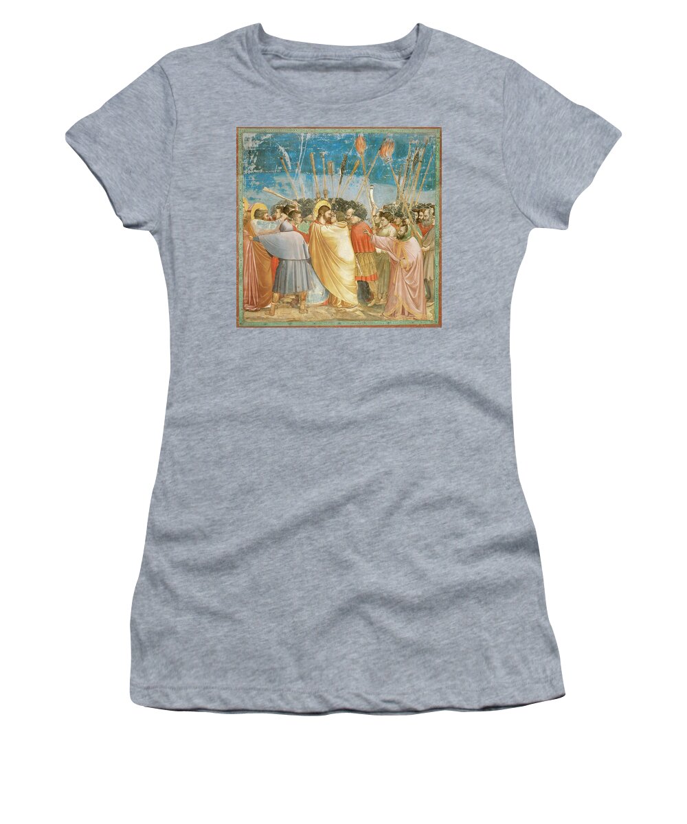 Giotto Women's T-Shirt featuring the painting Giotto / 'Kiss of Judas', 1303-1305, Fresco, 185 x 200 cm. JESUS. by Giotto di Bondone -1266-1337-