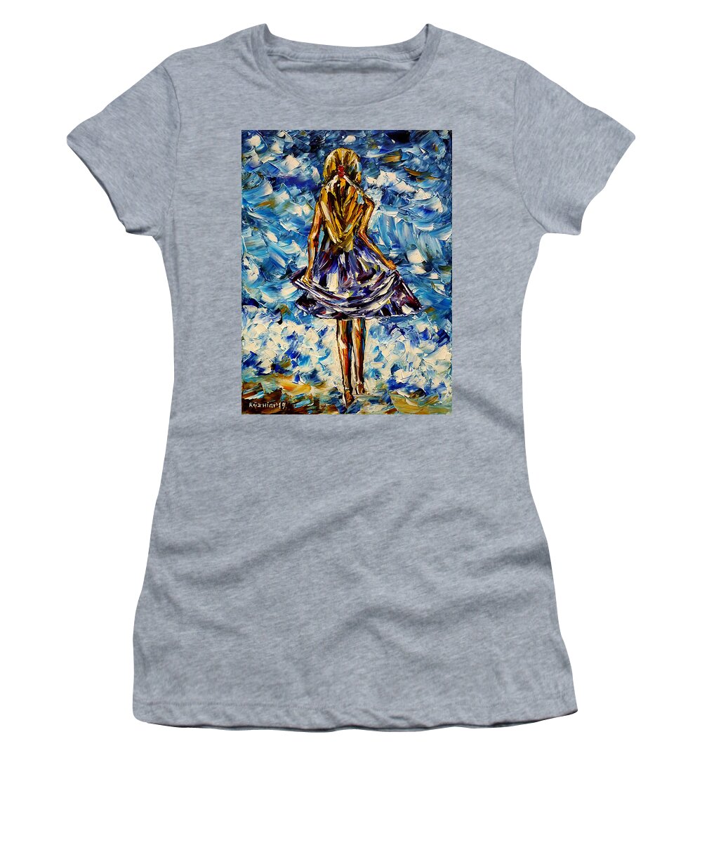 Beach Scene Women's T-Shirt featuring the painting Girl On The Beach by Mirek Kuzniar
