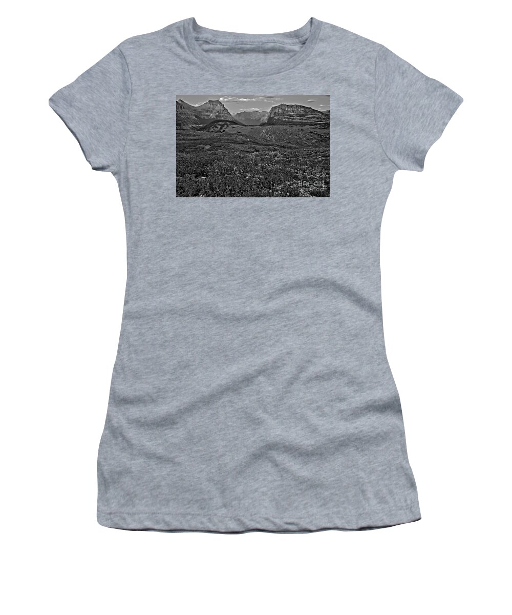 Logan Pass Women's T-Shirt featuring the photograph Glacier Landscape Of Color Black And White by Adam Jewell